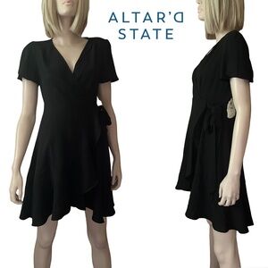 ALTAR'D STATE Black Dress Faux Wrap Cold Shoulder Fit Flare Asymmetrical V-Neck